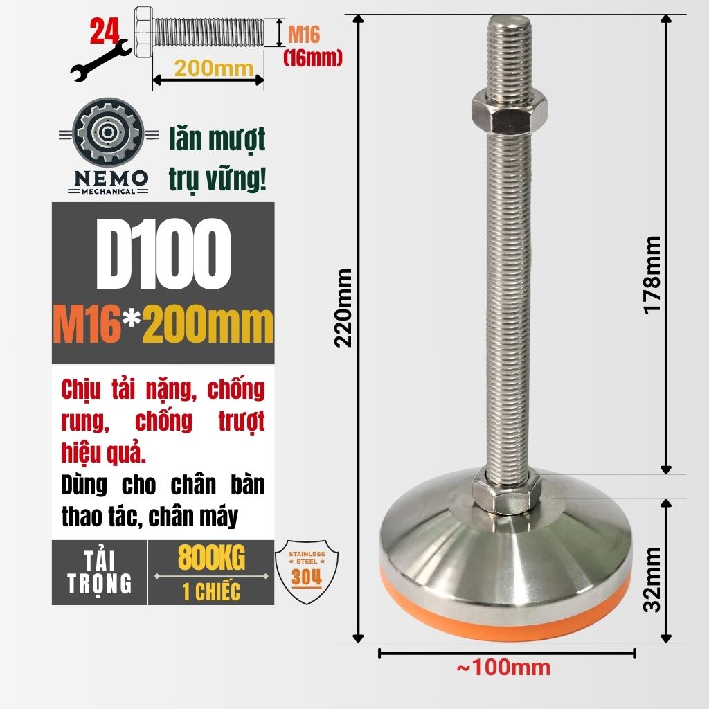Chân Tăng Chỉnh Inox 304 Ren M16 – Đế Bát Dày Chịu Tải Siêu Nặng 800kg, Chống Ăn Mòn Tuyệt Đối